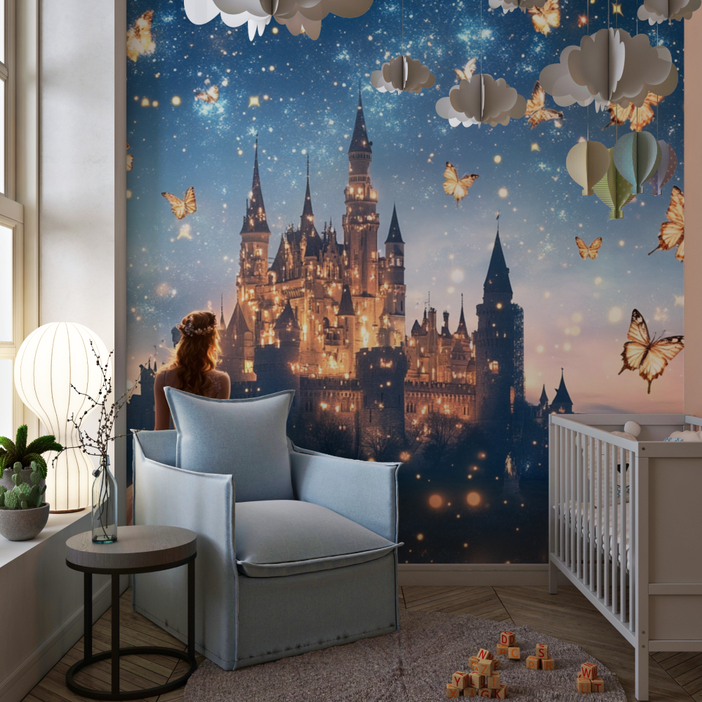 Princess Mural Wallpaper | Magical Castle with Golden Butterflies