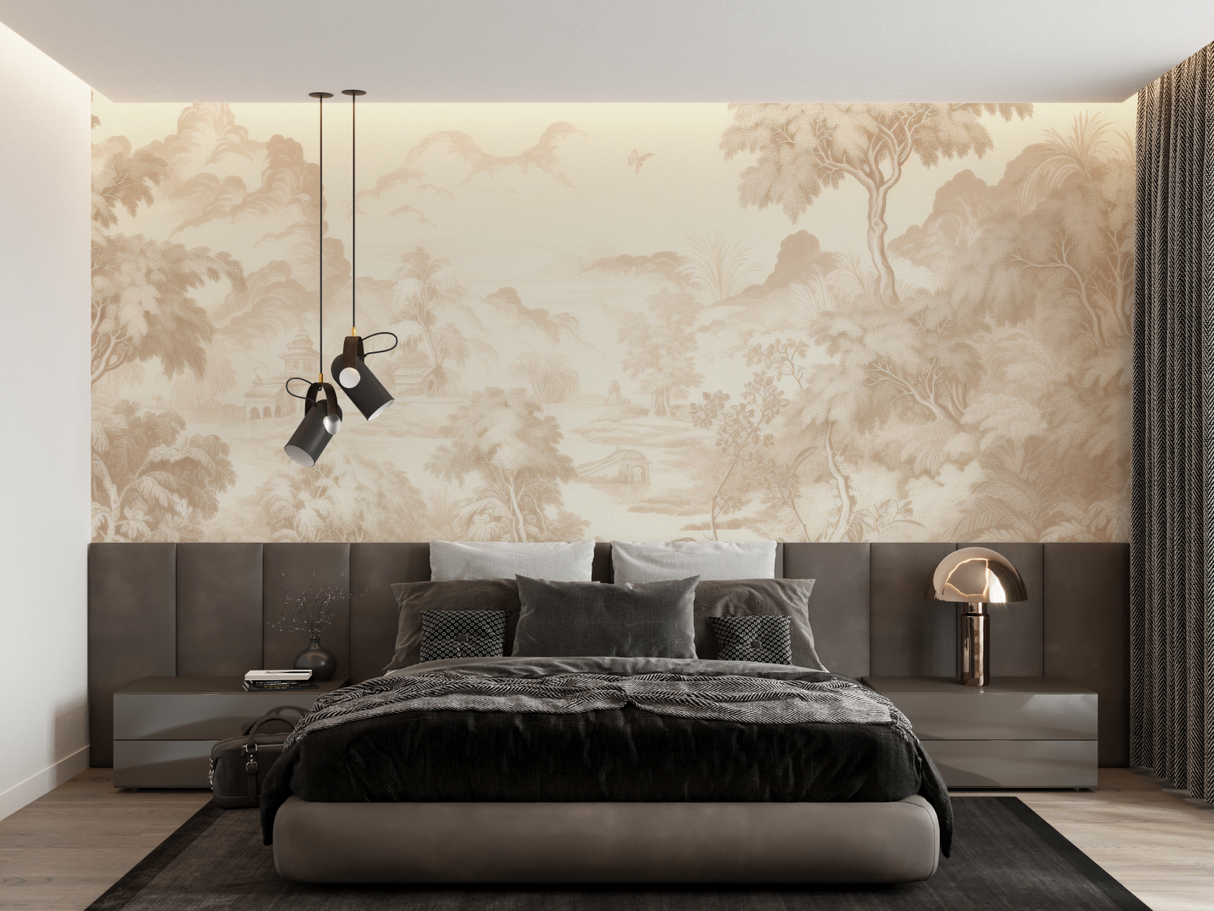 Vintage Mural Wallpaper | Beige Toile de Jouy Landscape
