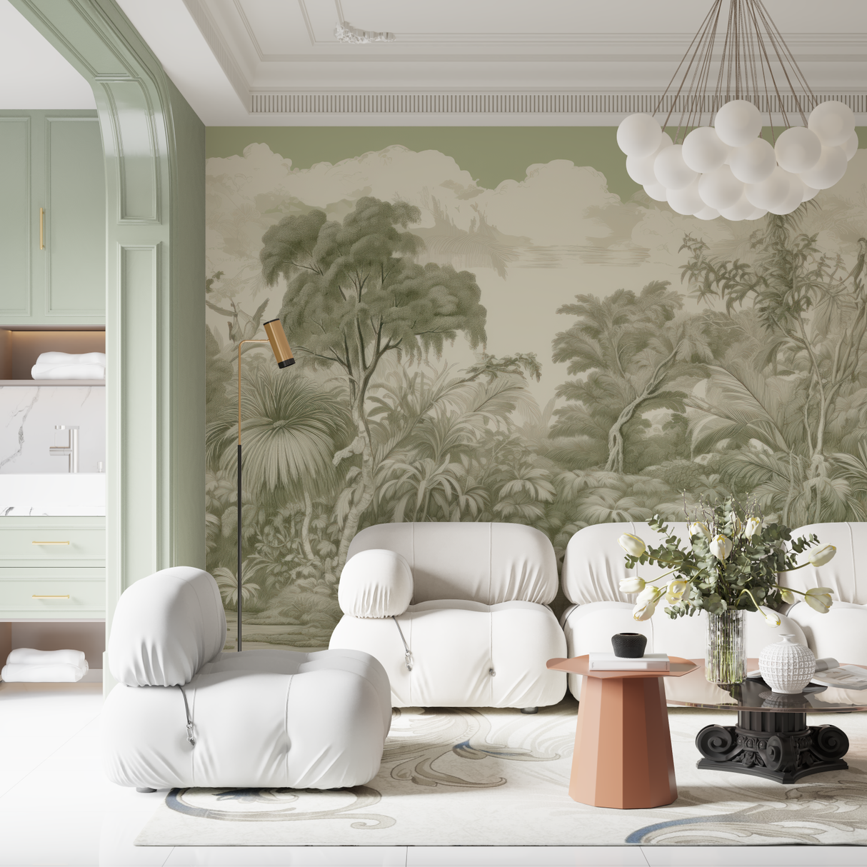 Tropical Mural Wallpaper | Sage Green Jungle Landscape