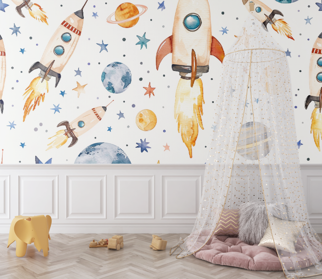 Space Mural Wallpaper | Watercolor Rockets and Planets