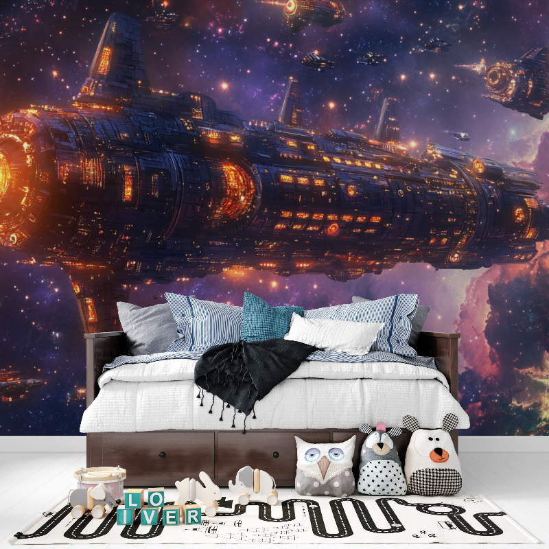 Space Ship Mural Wallpaper | Galactic Battle Cruiser in Purple Nebula