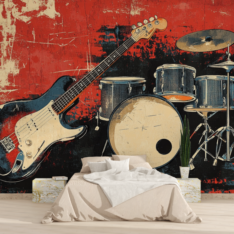 Music Mural Wallpaper | Vintage Rock Band Instruments