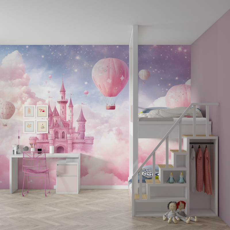 Princess Castle Mural Wallpaper | Dreamy Pink Hot Air Balloons