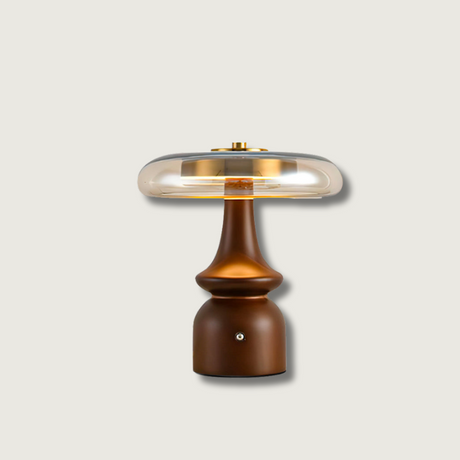 Modern Accent Table Lamp  Amber Glass Dome with Walnut Base - Product showcase