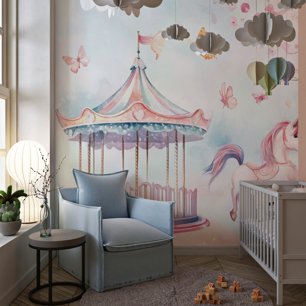 Unicorn Mural Wallpaper | Carousel Fantasy with Butterflies