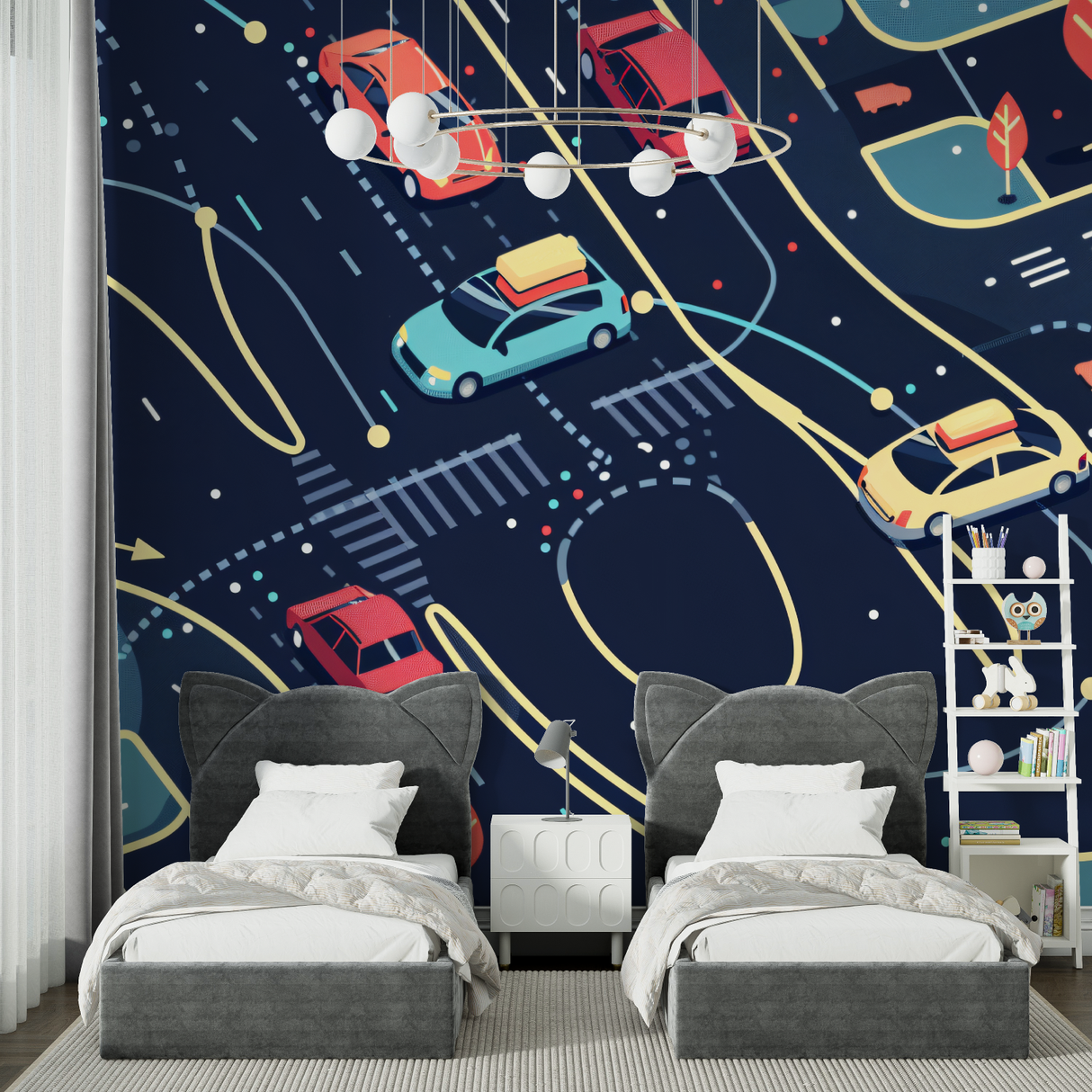 Car Racing Mural Wallpaper | Modern Night City Theme