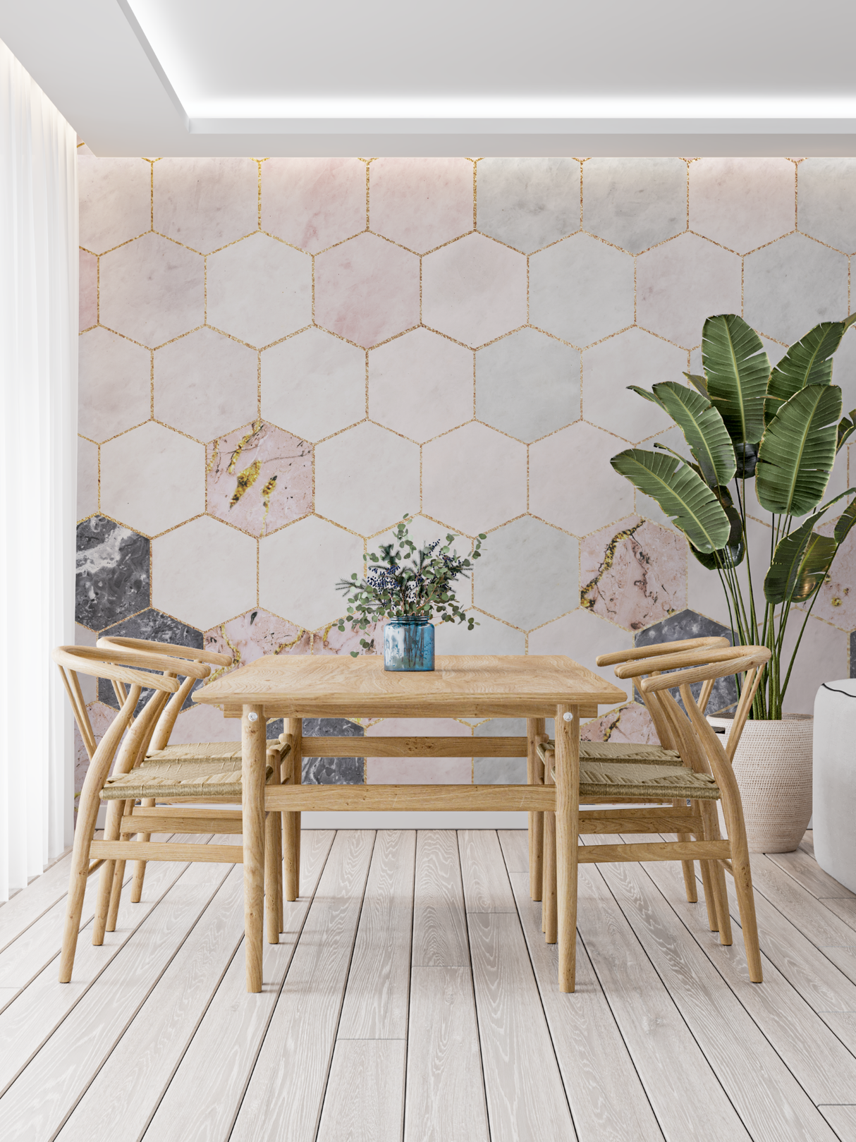 Geometric Mural Wallpaper | Pink and Grey Marble Hexagons with Gold