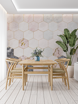 Geometric Mural Wallpaper | Pink and Grey Marble Hexagons with Gold