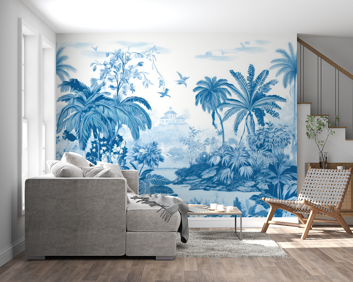 Tropical Mural Wallpaper | Blue Paradise Palm Scene