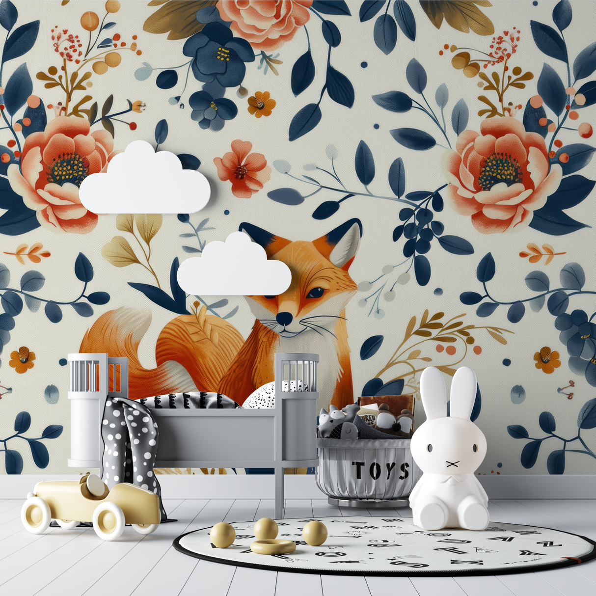 Forest Animals Mural Wallpaper | Vintage Fox with Navy Floral Pattern