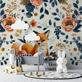 Forest Animals Mural Wallpaper | Vintage Fox with Navy Floral Pattern