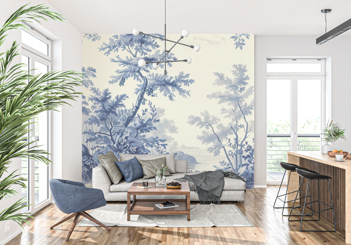 Forest Mural Wallpaper | Blue Toile de Jouy Landscape