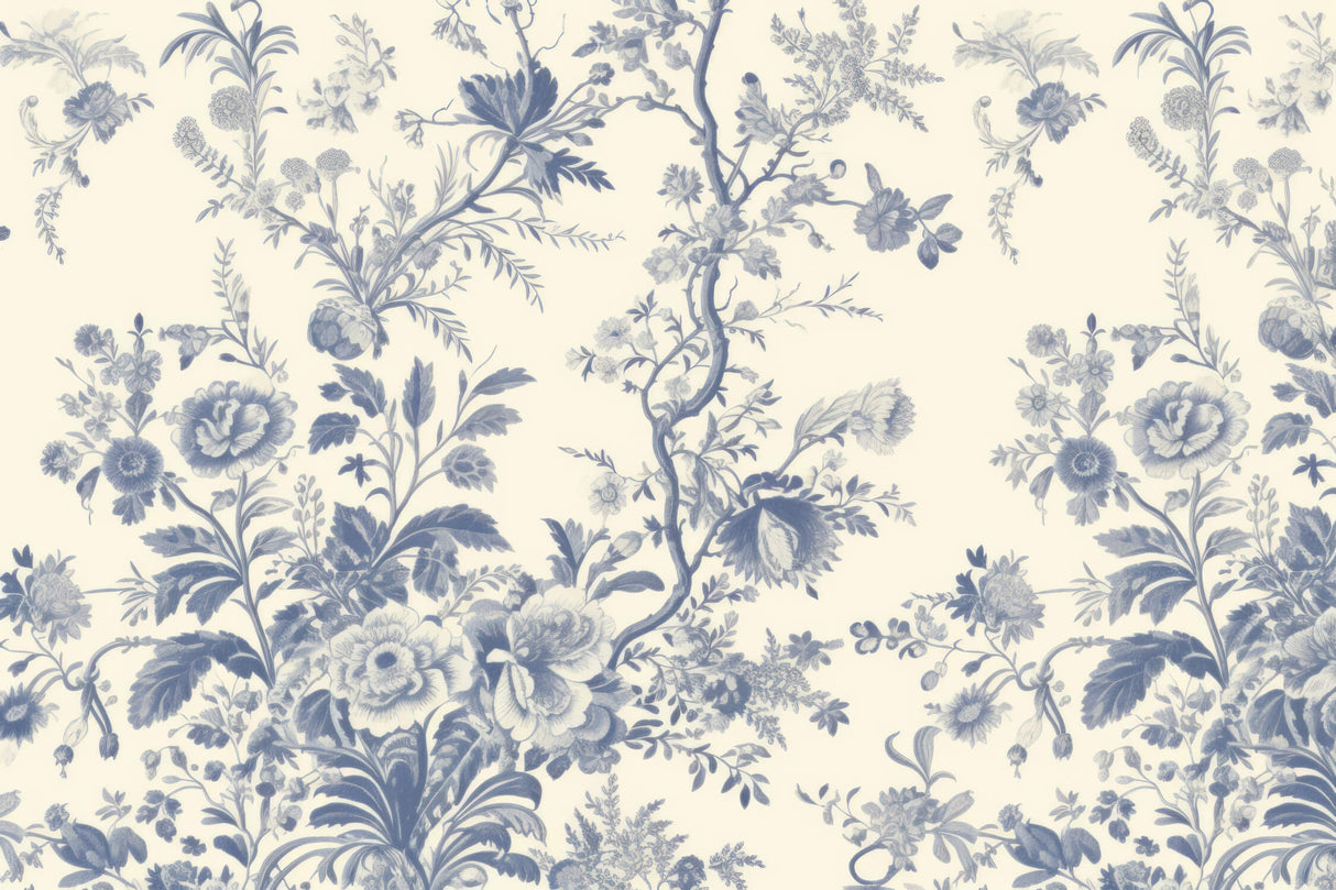 Floral Mural Wallpaper | Vintage Blue Toile de Jouy Pattern