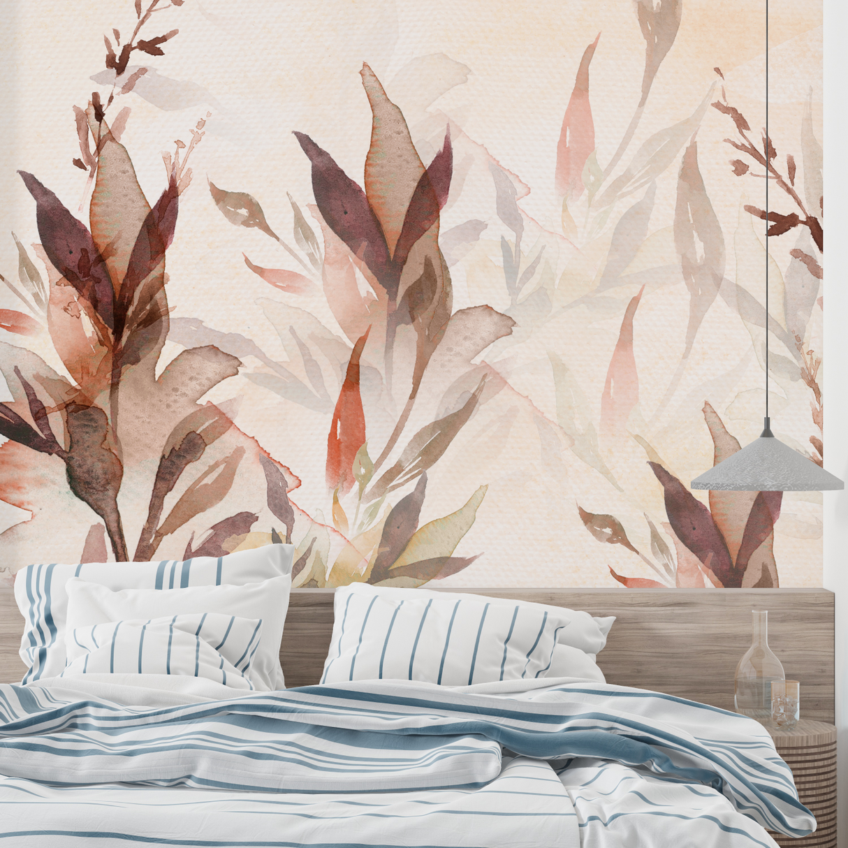 Watercolor Mural Wallpaper | Autumn Leaves in Terracotta Shades