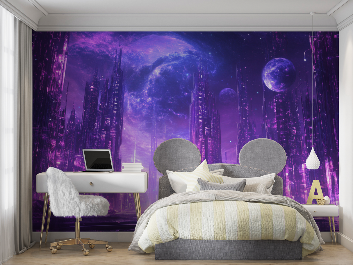 Futuristic Mural Wallpaper | Purple Cyberpunk City Galaxy