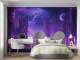 Futuristic Mural Wallpaper | Purple Cyberpunk City Galaxy