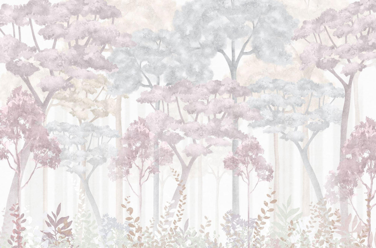 Wald Tapete | Traumhafte rosa und graue Aquarellbäume