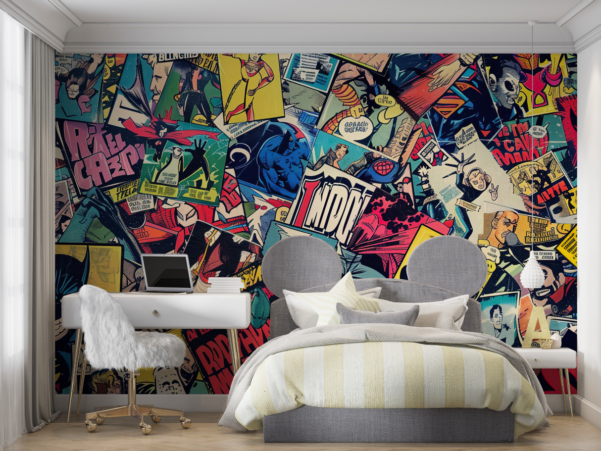 Comic Book Mural Wallpaper | Retro Superhero Collage Design
