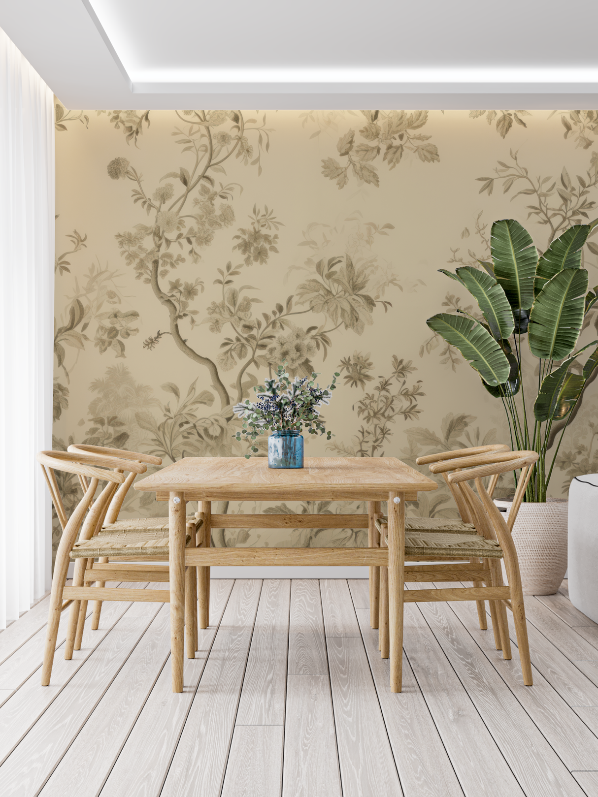 Floral Mural Wallpaper | Vintage Beige Toile de Jouy Pattern