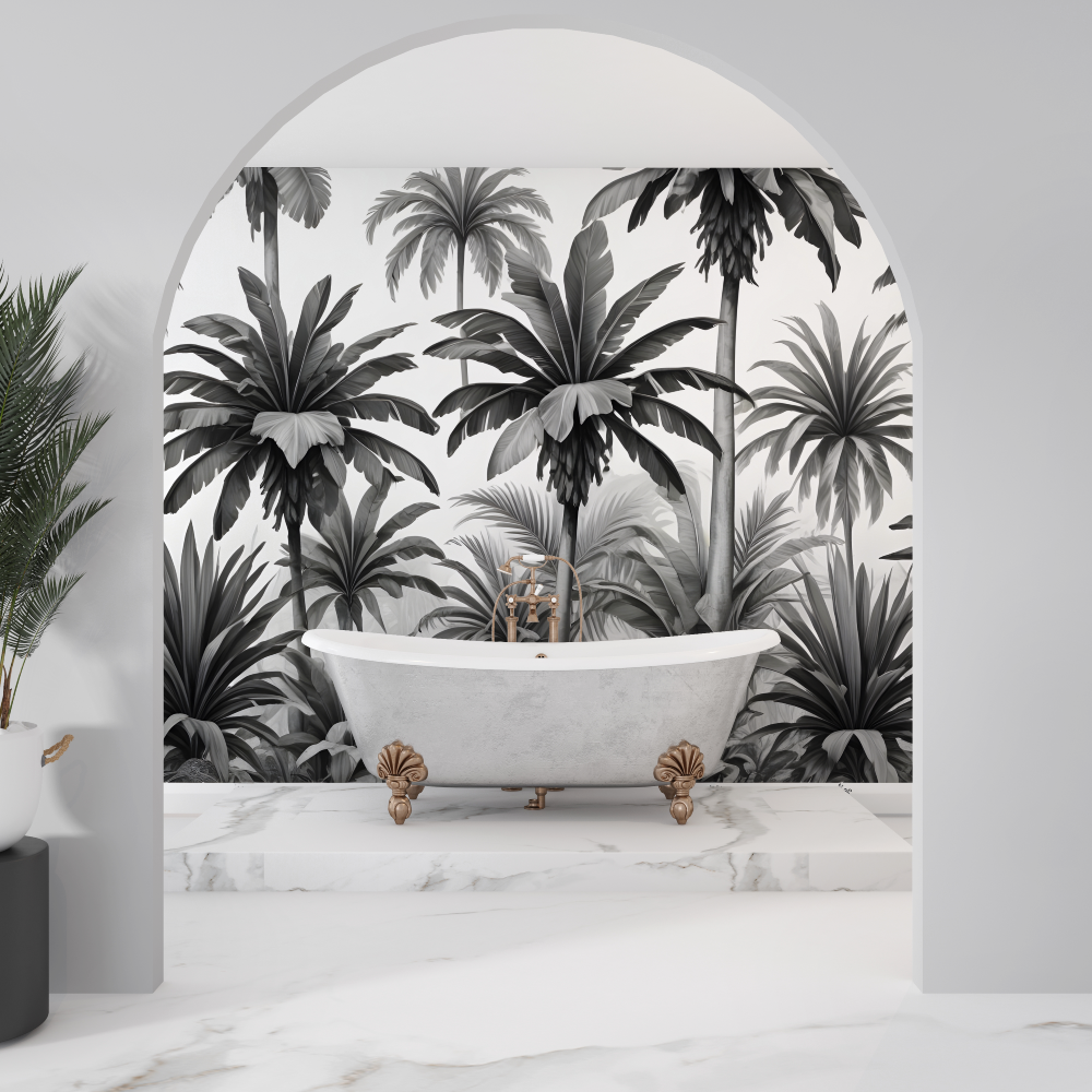 Tropical Mural Wallpaper | Black and White Palm Leaves Design