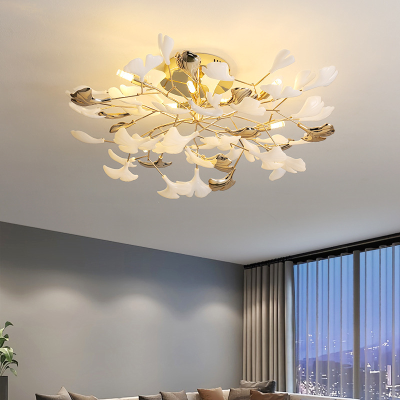 Ginkgo Leaf Ceiling Light  Gold Frame Ceramic Leaf Design - Detailed view