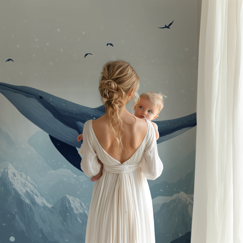 Ocean Mural Wallpaper | Flying Whale Over Mountains