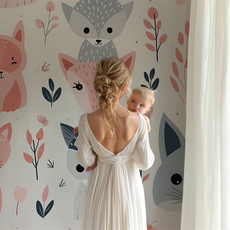 Forest Animals Mural Wallpaper | Pink and Grey Fox Pattern