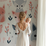 Forest Animals Mural Wallpaper | Pink and Grey Fox Pattern