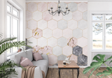 Geometric Mural Wallpaper | Pink and Grey Marble Hexagons with Gold