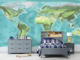 World Map Mural Wallpaper | Topographical Design in Turquoise and Green