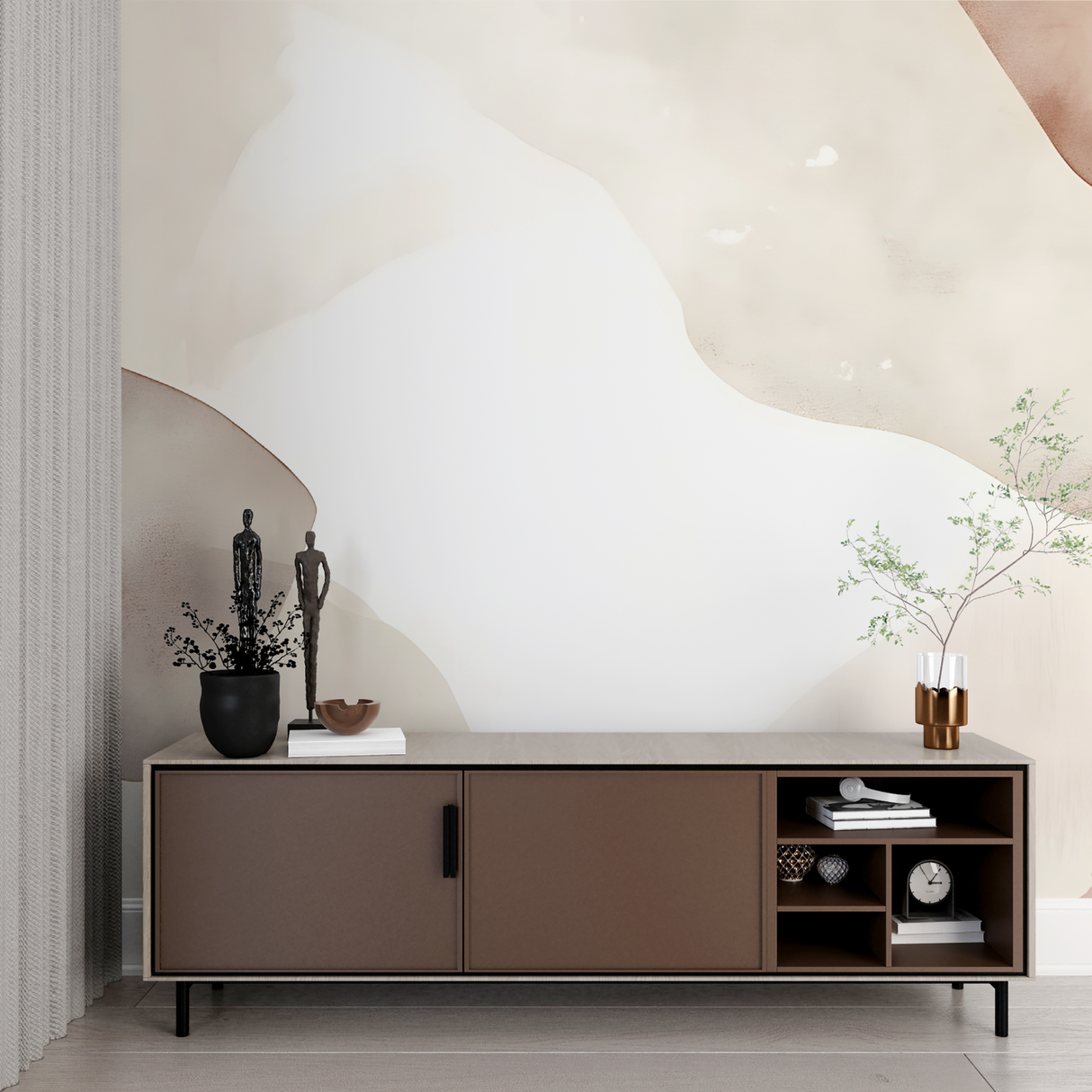 Abstract Mural Wallpaper | Organic Curved Lines in Beige