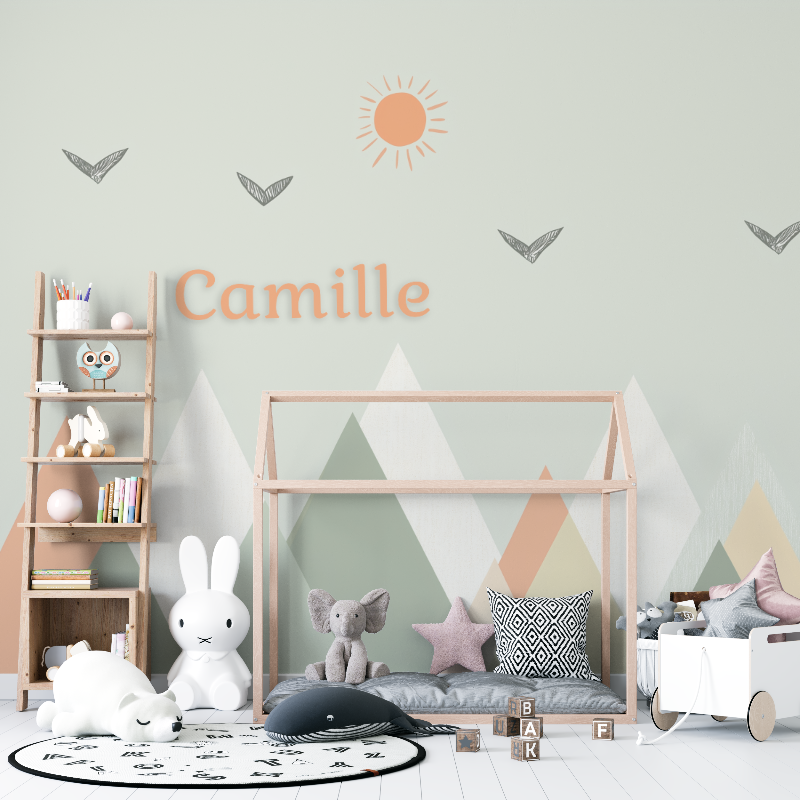 Mountain Mural Wallpaper | Geometric Pastel Design with Birds