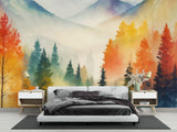 Papier Peint Mural Forêt | Scène Aquarelle Montagne Brumeuse