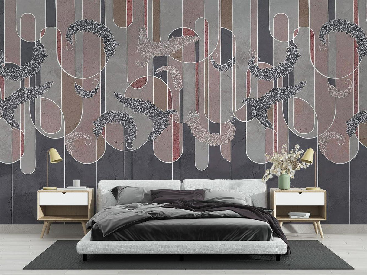 Abstract Mural Wallpaper | Geometric Feather Design with Burgundy Stripes