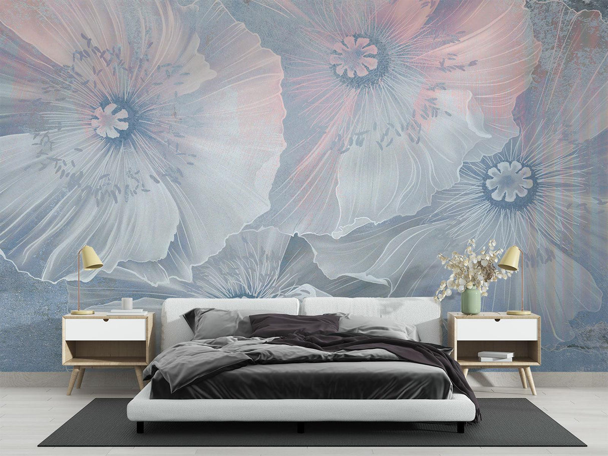 Floral Mural Wallpaper | Ethereal Blue and Pink Poppies