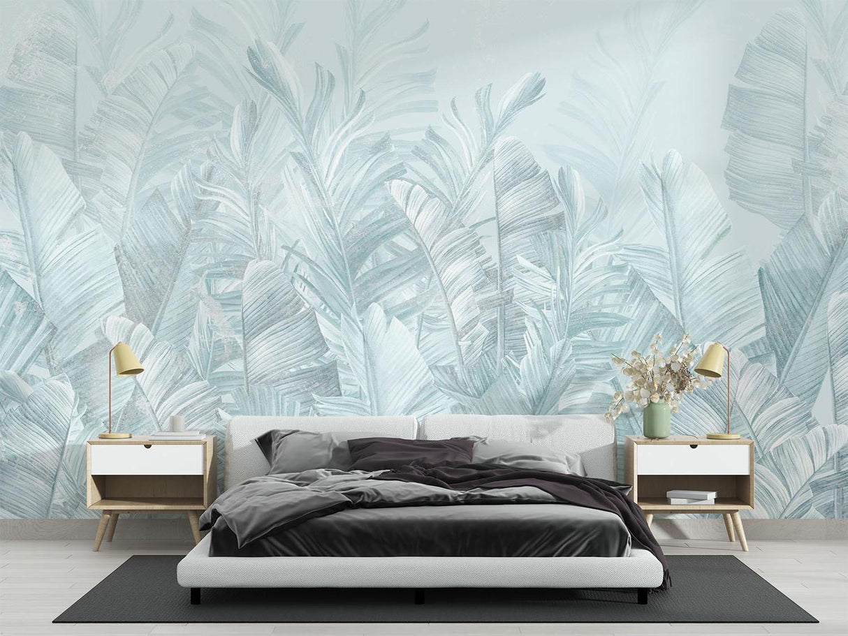 Tropical Mural Wallpaper | Soft Blue Palm Leaves Design