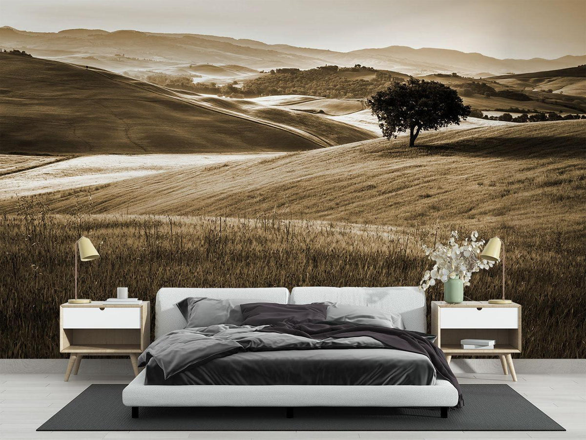 Landscape Mural Wallpaper | Sepia Tuscan Hills With Lone Tree