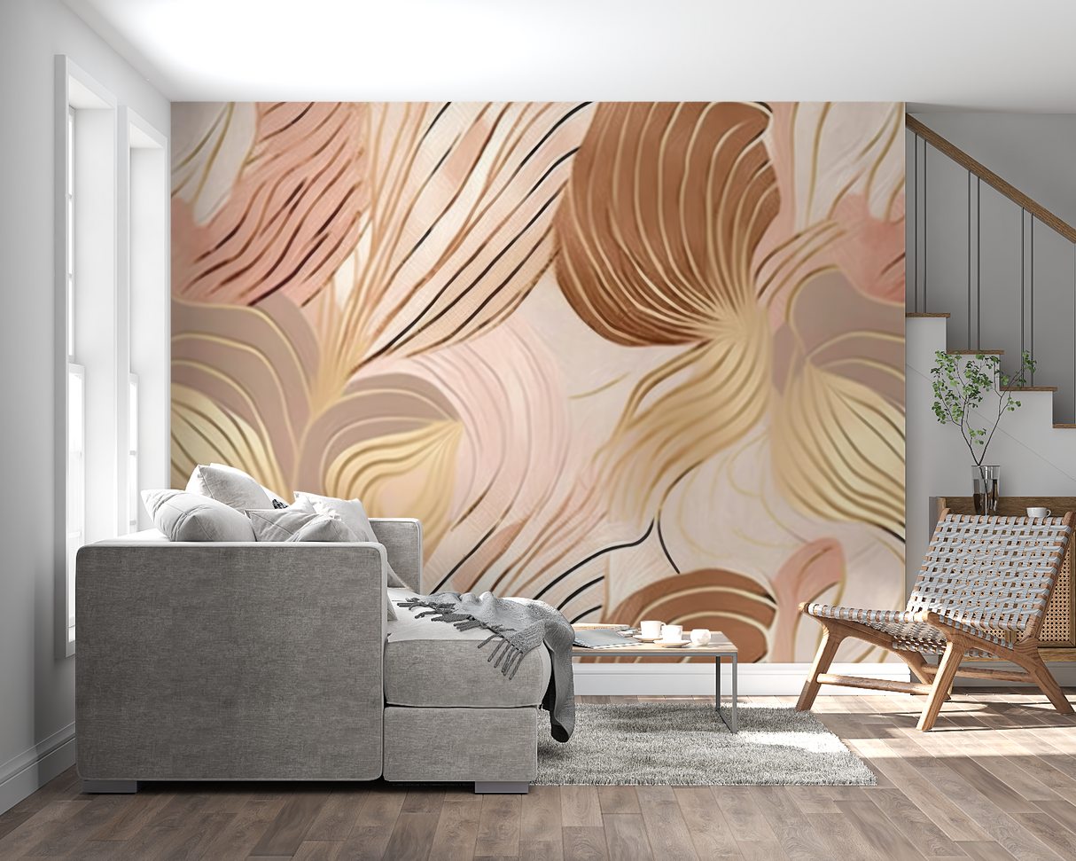 Abstract Mural Wallpaper | Golden Waves on Blush Pink