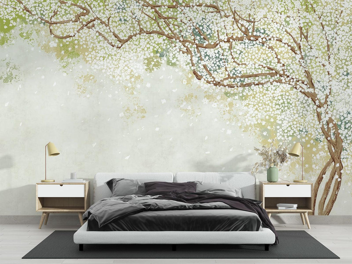 Papier Peint Mural Fleurs de Cerisier | Design Aquarelle Blanc Doux