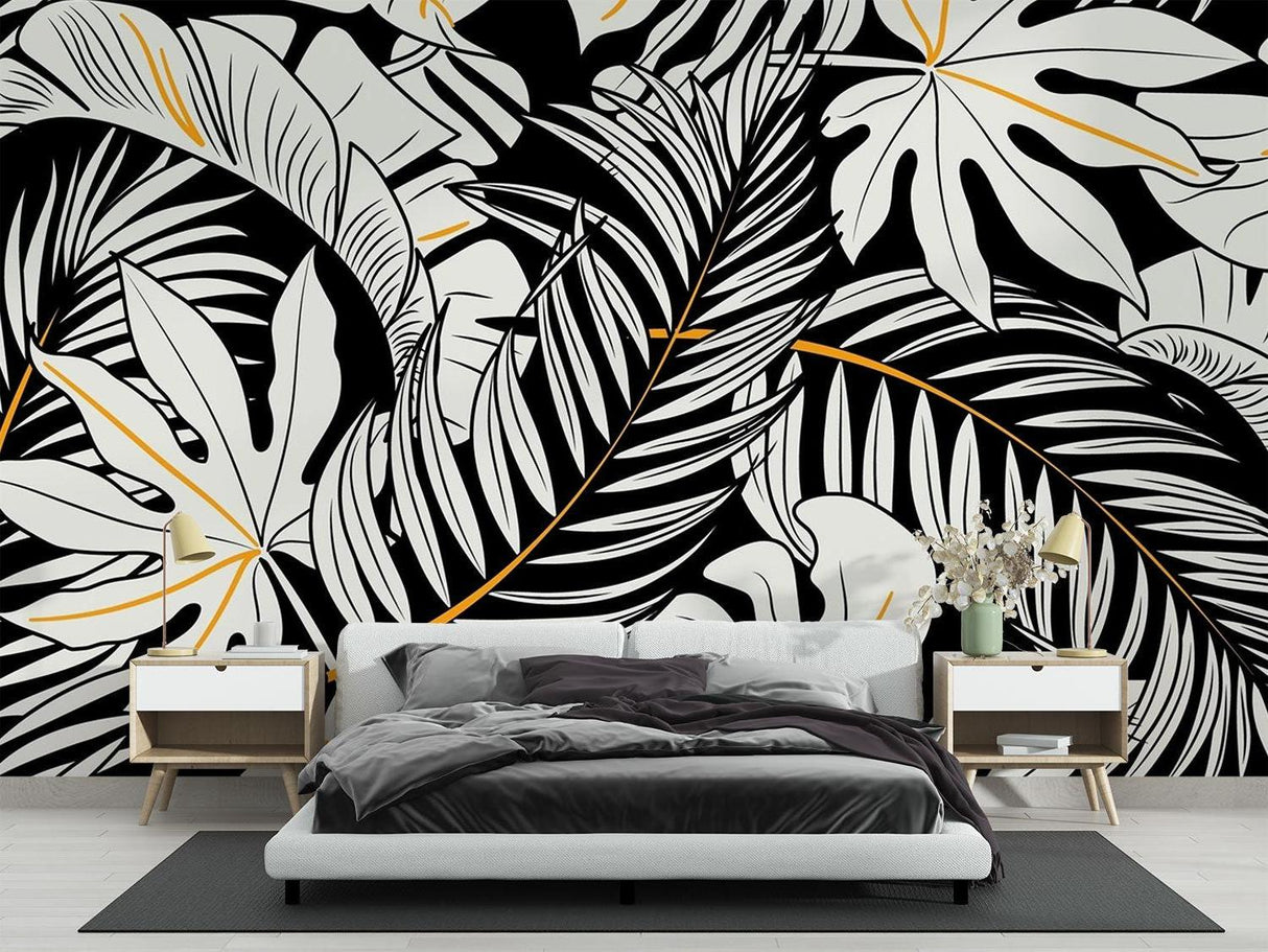 Papier Peint Mural Tropical | Monstera Noir et Blanc avec Accents Dorés
