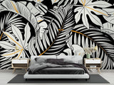 Papier Peint Mural Tropical | Monstera Noir et Blanc avec Accents Dorés