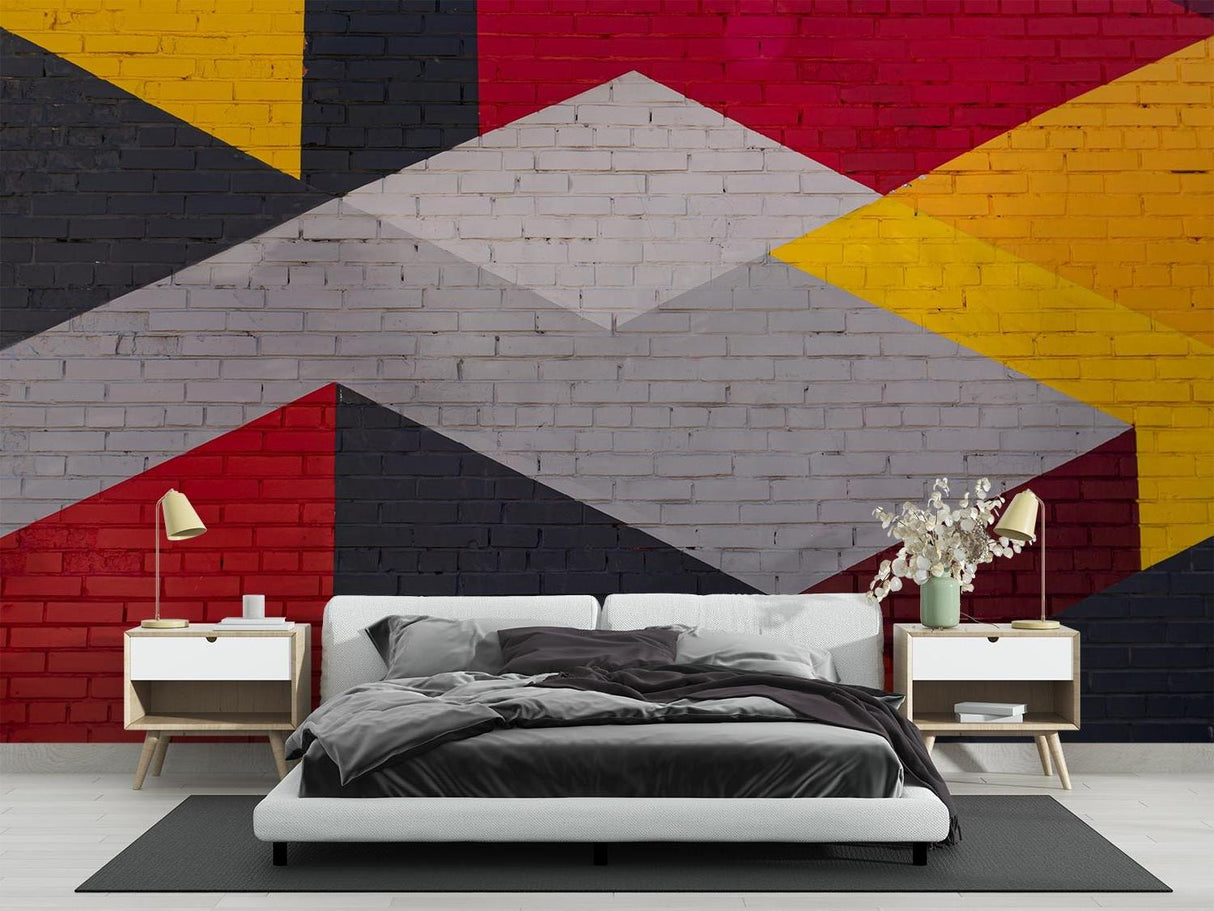 Geometrische Tapete | Modernes Ziegelmuster mit Rot und Gelb