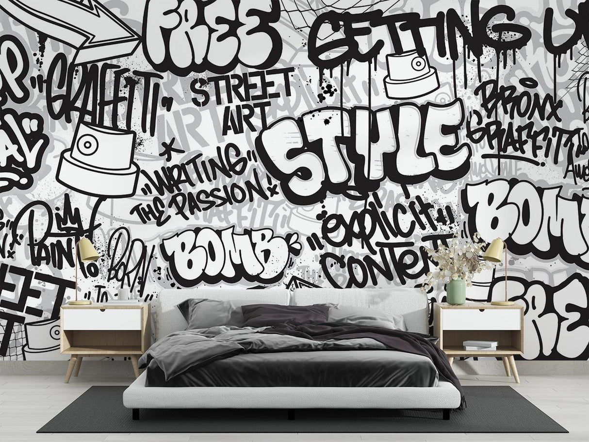 Graffiti Mural Wallpaper | Urban Black and White Street Art