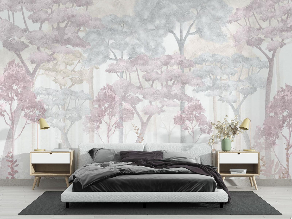 Wald Tapete | Traumhafte rosa und graue Aquarellbäume