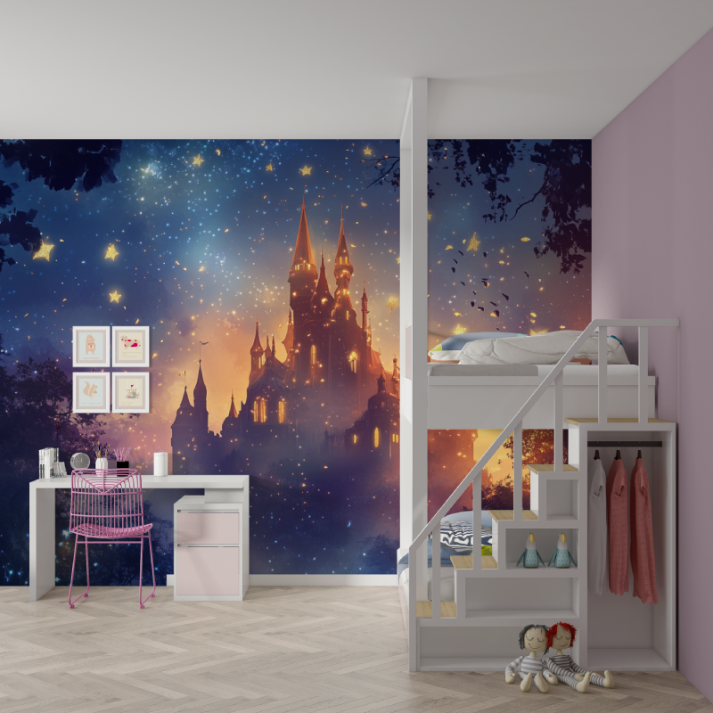 Castle Mural Wallpaper | Magical Night Sky With Golden Stars