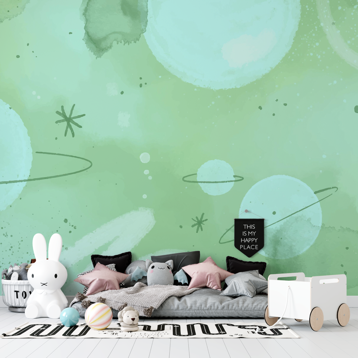 Space Mural Wallpaper | Mint Green Galaxy Design
