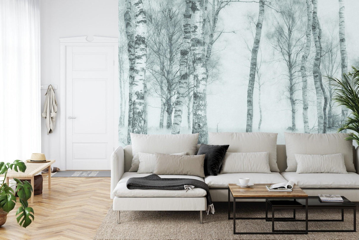 Forest Mural Wallpaper | Misty Birch Trees in Black and White