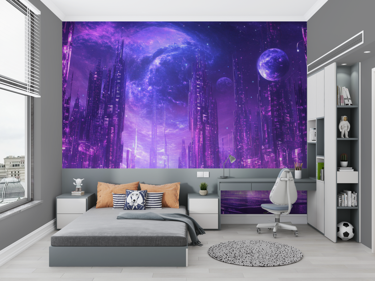 Futuristic Mural Wallpaper | Purple Cyberpunk City Galaxy