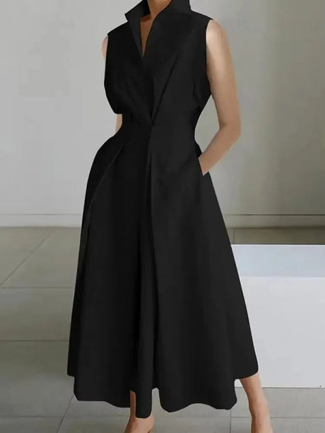 Elegant White Midi Dress  Tailored A-Line Lapel Design - Product example