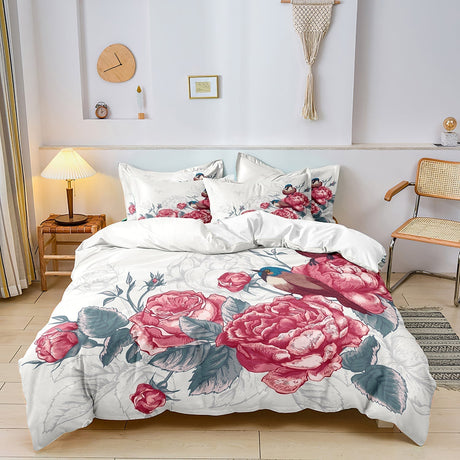 Botanical Duvet Cover Set  Pink Rose Pattern With Grey Leaves - Product showcase